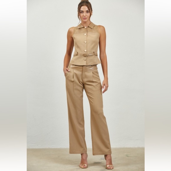 Pants - A48. Tan Faux Leather Belted Vest & Pants Set
